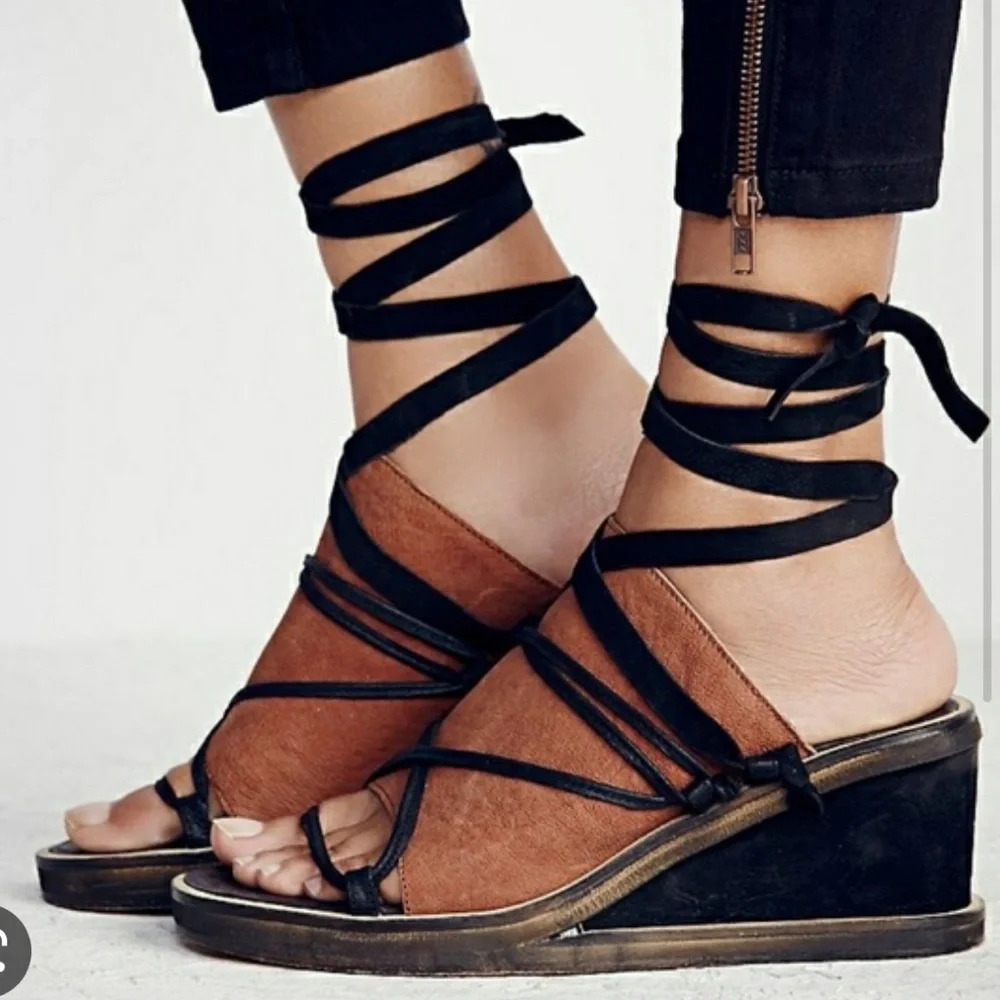 Free People Bowery Wedge Leather Suede Lace Up Tie Ankle - Picture 3 of 7